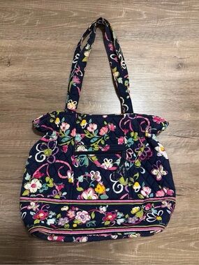 Vera Bradley Navy Quilted Shoulder Bag with Pink & Green Floral Print